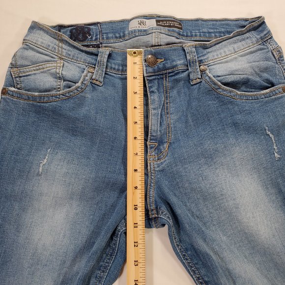 Rock and Republic Jeans Mens 34x32 Blue Denim Slim Straight Stretch Faded Grunge - Picture 13 of 16